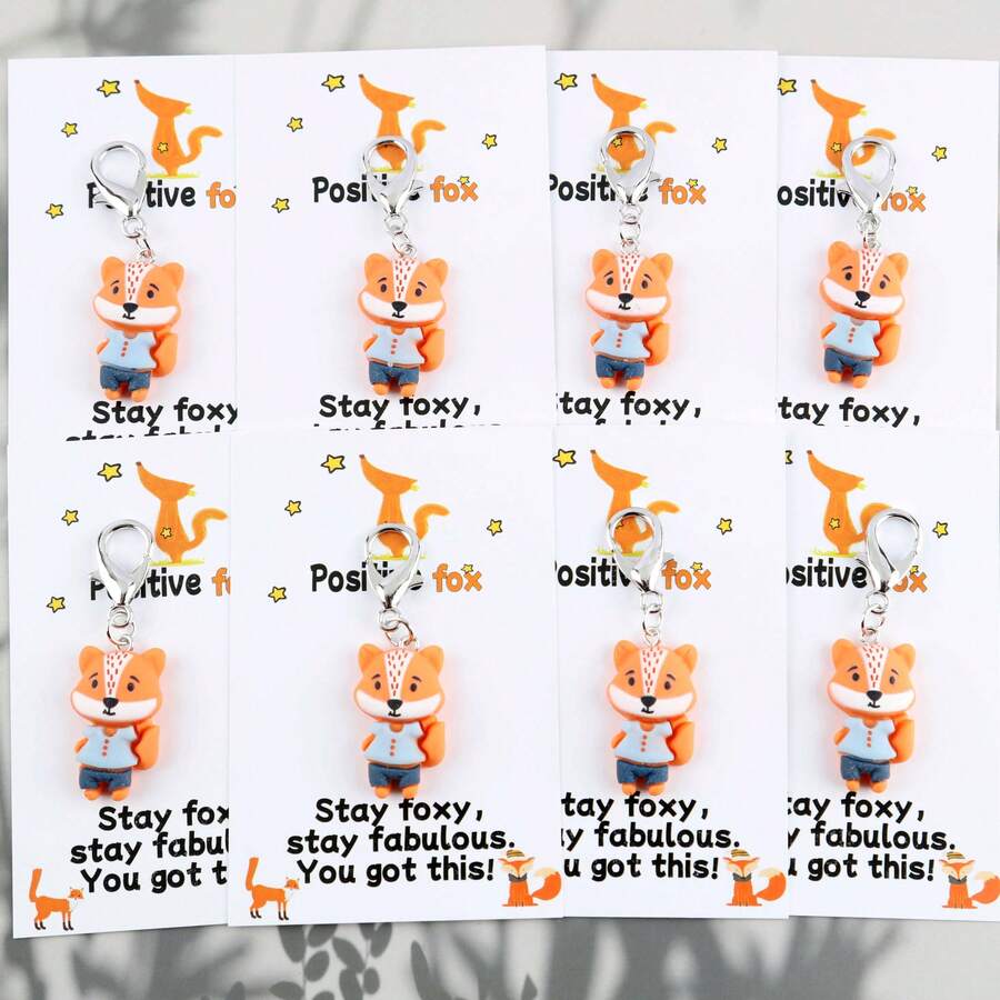 8pcs Cute Resin Fox Keychain Set With Motivational Greeting Card, Ideal For Bag Decoration, Lucky Gift For Fox Lovers, Birthday, Party, Thank You Gift