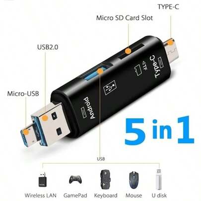 5-In-1 Multi-Function USB 3.0 Type C, Micro USB, SD, TF Card Reader, Compatible With Android, Smartphones, Computers, Expansion Dock, OTG Type C Adapter