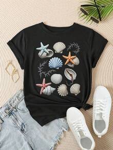 Women's-Shirt Casual Loose Fit Crew Neck Black White Options Easily Distracted By Print Daily Wear Shirts Summer Tops, Graphic Tees Summer Outfits Women Graphic Tees Crop Tops  Seashells And Starfish On White Background Plus Size Women Vintage Cotton Cute Clothes, Birthday Gifts For Women
-Black - 黑色 - 查看 1