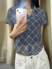 小众美式英伦校园风条纹半透视修身短袖雪纺衬衫 - 深藍色 - 查看 4