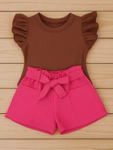Children's Set Cropped Frufru Blouse + Linen Clochard Shorts Kit With 2 Super Stylish Pieces CJI033 - Merah Muda dan Coklat - View 2