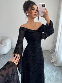 Đầm maxi dài dáng chữ A tay loe trễ vai bằng nhung kiểu Gothic dành cho nữ - Đầm dạ hội trang trọng cổ điển thanh lịch cho tiệc tùng, năm mới, tiệc chiêu đãi, Lễ Tạ ơn, Giáng sinh, màu đen, mùa xuân. - màu đen - Xem 4