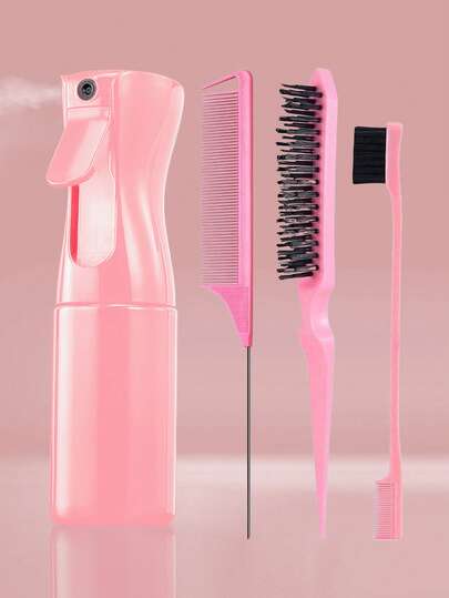 4 件套喷雾瓶和发刷套装，1 个喷雾瓶 + 1 个尖尾梳 + 1 个眉刷 + 1 个蓬松梳，男孩和女孩的发刷，用于干湿卷发的梳子刷，用于粗发和细发护理的分缝刷，化妆，圣诞节套装返校季，光滑后梳，理发配件，吹风机，美发工具，美发用品，护发，卷发刷，理发，理发配件，美发设备，旅行必需品，旅行必需品，发型，美发