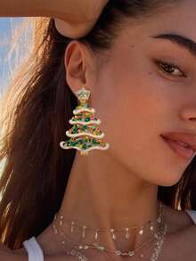 1 Pair Bohemian Style Christmas Element Earrings, Crafted With Enamel And Rhinestone In Christmas Tree Pendant Design, Suitable For Women To Wear During Holidays For Photo Shoots, Also A Great Gift