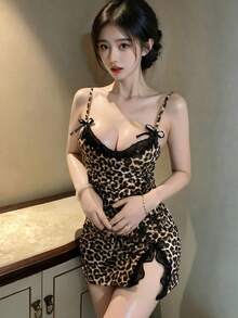 性感内衣 2 件套异国动物印花内衣 - 深 V 领娃娃装 + 丁字裤 | 情人节特惠 - 彩色 - 查看 3