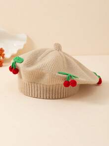 1 pieza Gorro de boina tejido con diseño de cereza lindo para niños, adecuado para usar en otoño/invierno para mantener el calor y para uso diario - A - Ver 9