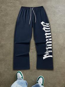 Men's Letter Print Drawstring Waist Straight Leg Long Casual Pants, Suitable For Outings, Gothic Style, Rave Parties, Back To School, Sports, Fitness, Autumn Season - 藏蓝色 - 查看 11