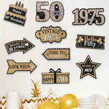 10pcs 50th Birthday Party Supplies - Elegant Black And Golden Flashing Paper Signs, Vintage-Inspired Decorations For Adult Celebrations, Includes "Happy 50th Birthday" And "Cheers To 50 Years" Designs, Celebration Signs|Decorative Party Signs|Glitter Embellishments, Birthday Party Decorations