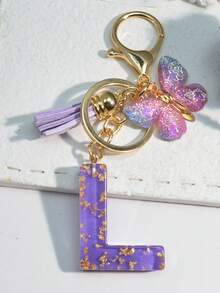 1pc Resin Starry Sky Epoxy English Letter Keychain With Tassel & Fluffy Pom Pom Decor, Gift For Friends & Mothers, Heart Pendant Christmas - Purple - View 13