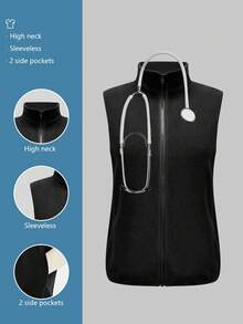 cimmuovere Women's Casual Warm Sherpa Solid Color Sleeveless Zip-Up Vest, Scrubs Nurse Scrubs Workwear Dentist Healthcare Pet Hospital Laboratory Jacket - Black - View 1