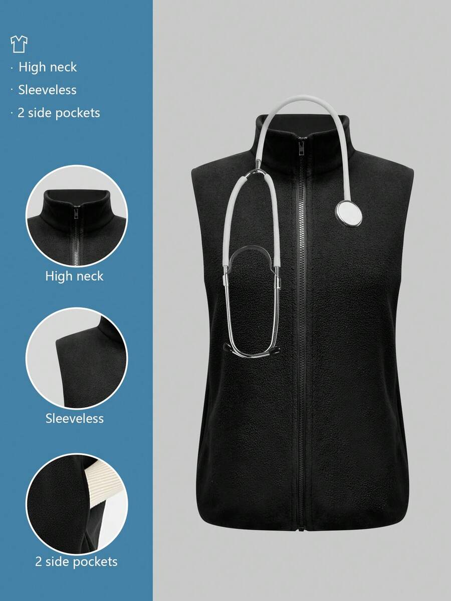 cimmuovere Women's Casual Warm Sherpa Solid Color Sleeveless Zip-Up Vest, Scrubs Nurse Scrubs Workwear Dentist Healthcare Pet Hospital Laboratory Jacket - Black - View 1