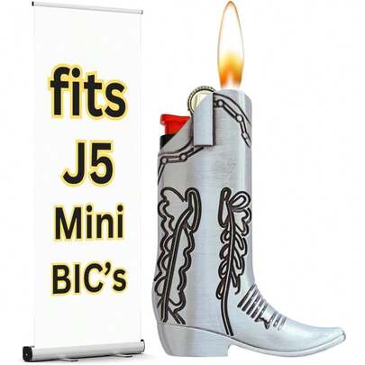 1pc Fashion Silver Cowboy Boot Shaped Lighter Case - Suitable For Mini Bic J5 Lighter, Perfect For Parties And Everyday Use