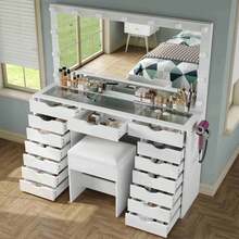 FUSOU 15 Drawers Vanity Desk With Mirror & 13 LED Lights, Makeup Table With Power Outlet, 3 Colour Modes, Adjustable Brightness, Glass Top Dressing Table For Bedroom, White - White - View 5