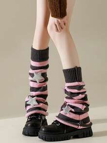 1 Pair Y2K Academy Style Stripe Women's Knitted Leg Cover-Black Long Calf Knitted Set Star Leg Set Hot Girl Piled , Cozy