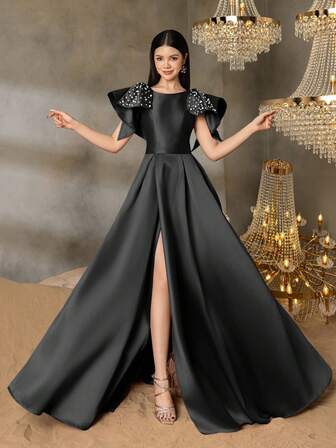 Alisa&Leo 少女缎面晚礼服，肩部饰有珍珠蝴蝶结，适合毕业舞会、婚礼宾客、正式晚宴和盛大晚宴等正式场合。