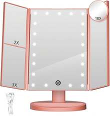 Espejo De Maquillaje Tríptico, Espejo luz led Maquillaje HD con 22 Luces LED,Espejo con Luz para Makeup con USB Cable, Espejo para Maquillaje con Aumentos, Base con Movimiento 180 ° ,Oro rosa - Oro rosa - Ver 1