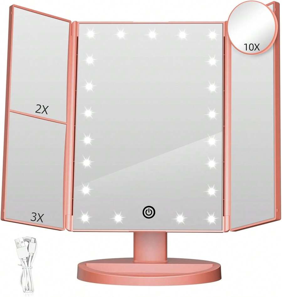 Espejo De Maquillaje Tríptico, Espejo luz led Maquillaje HD con 22 Luces LED,Espejo con Luz para Makeup con USB Cable, Espejo para Maquillaje con Aumentos, Base con Movimiento 180 ° ,Oro rosa - Oro rosa - Ver 1