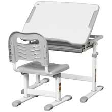 HOMCOM Kids Desk And Chair Set, Height Adjustable Student Writing Desk, Children School Study Table With Tiltable Desktop, Drawer, Pen Slot, Hook - Grey - Grey - View 2