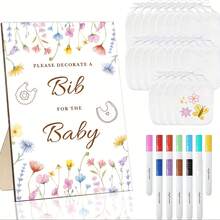 1 Se Blank Bibs Baby Shower Game Kit Ideas, Includes 1pc Wildflowers Game Sign 12pcs Marker Pens And 10/20pcs White Bibs, Suitable For Gender Reveal Baby Shower Games And Celebration Decorations