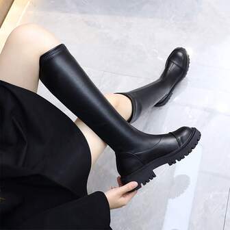 2025 Winter New Black Elastic Slim Fit Thigh High Boots, Non-Slip Flat Platform Tall Riding Boots, Plus Size 43
