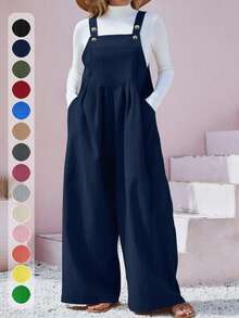 Plus Size Fall&Winter Casual Solid Color Wide Leg Bib Overall Jumpsuit