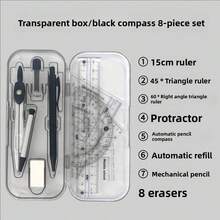 Set de 8 piezas de herramientas de dibujo geométrico para volver a la escuela, que incluye compás, lápiz mecánico, transportador, regla, juego de triángulos y caja de almacenamiento, adecuado para uso escolar, oficina y hogar