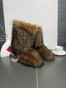 女士毛绒中筒靴，冬季时尚女士太空靴，冬季保暖，毛绒靴 - 棕色 - 查看 4