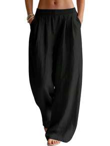 Linen Pants Women Wide Leg Palazzo Summer Flowy Beach Vacation Elastic Waist Travel Trousers With Pockets DSEF - 藏蓝色 - 查看 9