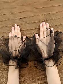 1 Pair Women's Thin Mesh Sleeve Cuffs With Pearl Decor, Wedding Accessory, Party/Event/Photo Shoot Fall Clothes For Women