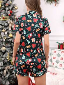 2pcs Christmas Santa Claus Print Women Short Sleeve Button Collar Top And Shorts Pajama Set, Comfortable Casual Loose Fit Homewear, Suitable For Home Or Outdoor Wear, Spring/Summer/Autumn/Winter, Fall Clothes - Dark Green - View 2