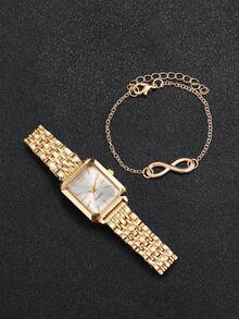 2件套女士礼品手表 - 不锈钢表带，方形表盘，罗马数字，优雅石英腕表 + 手链（不含表盒） - 金色 - 查看 4