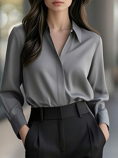 Women's Elegant Solid Color Long Sleeve Shirt - Classic Collar Non-Sheer Blouse, Premium Fabric For Spring, Summer, Fall, Versatile For Casual And Professional Wear, Machine Washable/Dry Clean, Streamlined Design, Refined Texture