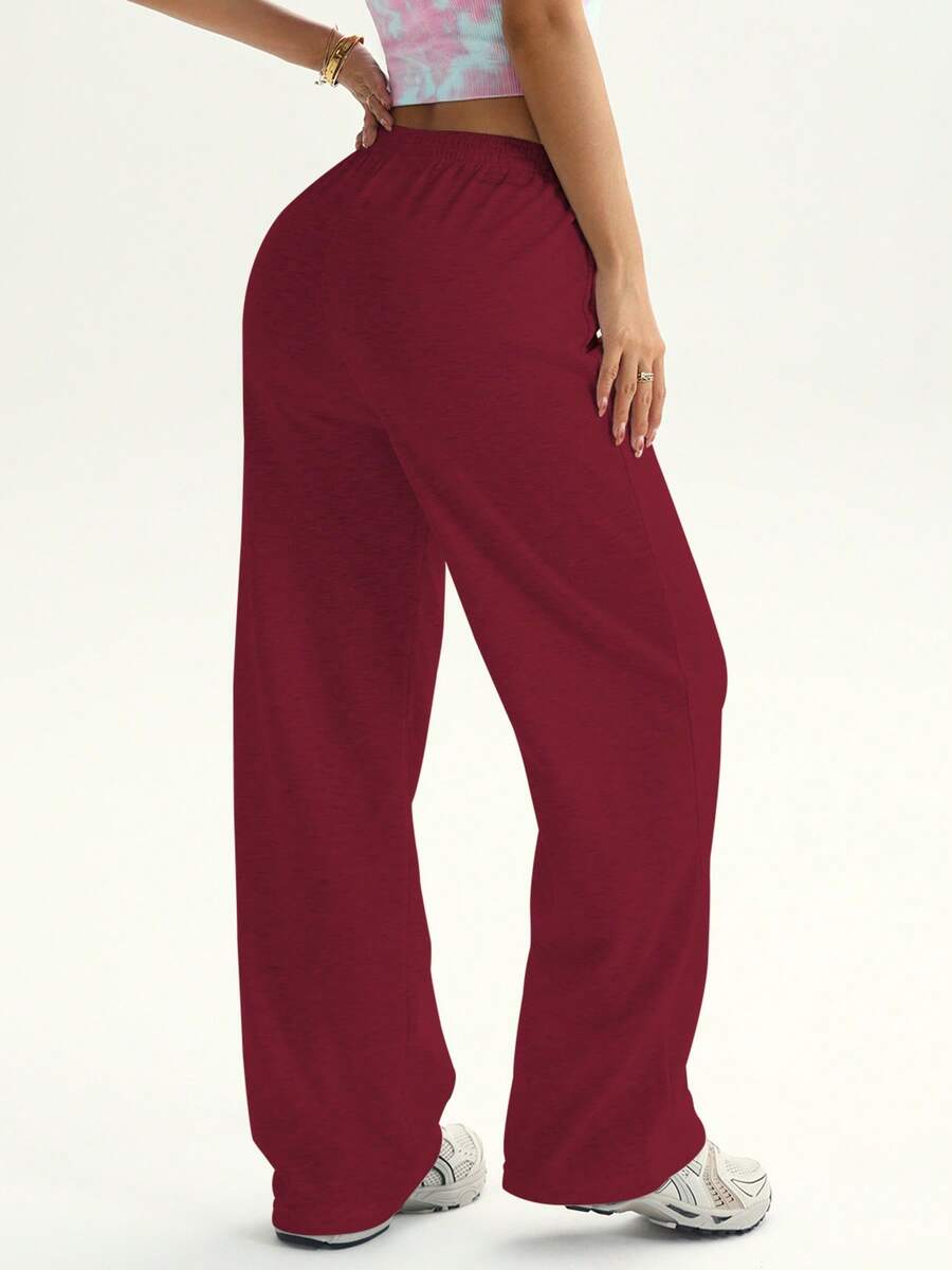 女士纯色户外运动运动裤、休闲健身慢跑裤 - 酒紅色 - 查看 1