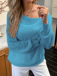 Suéter elegante de cuello de barco sólido para mujer, suéter casual y holgado de manga larga para primavera - Azul - Ver 4