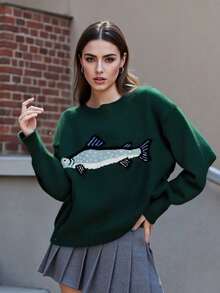Women Knit Sweater Long Sleeve Crew Neck Fish Pullover Warm Sweater For Fall Winter - 墨綠色 - 查看 3