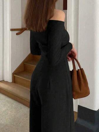 优雅时尚斜肩褶饰设计长袖阔腿连体裤，秋季新品