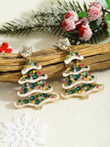 1 Pair Bohemian Style Christmas Element Earrings, Crafted With Enamel And Rhinestone In Christmas Tree Pendant Design, Suitable For Women To Wear During Holidays For Photo Shoots, Also A Great Gift