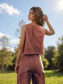 Women Plaid Woven Fabric Two-Piece Outfit Sleeveless Cropped Tee And Loose Pants Set Casual Cute - Đỏ - Xem 3