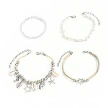 4Pcs/Set Ocean Style Imitation Pearl Shell Chain Ankle Chain Foot Accessories Heart Starfish Pendant Women's Christmas Gift - 白色 - 查看 2