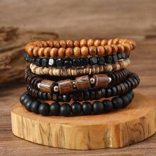 6 Pcs Vintage Wooden Beads Multilayer Bracelet Handmade Beaded Men's Bracelets Set Fashion Personality Jewelry Daily Wear - 6 cái/bộ - Xem 6