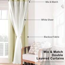 Hiasan 2 Panels Greyish White Blackout Curtains With White Sheer Overlay, Double Layer Mix & Match Thermal Insulated Room Darkening Curtains With Tiebacks For Bedroom And Living Room Decoration - 白色 - 查看 6