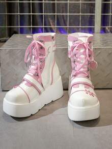 Botas casuales blancas con plataforma y cremallera lateral, estilo punk para mujer, otoño/invierno 2026. Botas cortas elevadoras versátiles para deportes al aire libre, adecuadas para eventos, fiestas, vacaciones, viajes diarios y uso diario, perfectas para el Día de la Madre - Blanco - Ver 16