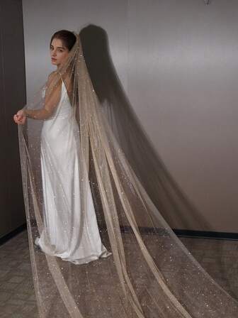 1 件闪亮星光新娘面纱，闪光薄纱，适合梦幻婚礼，闪闪发光的薄纱婚礼配饰，长薄纱设计，适合优雅婚礼，女士秋季服装