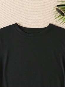 Camiseta de manga corta con estampado de letras de NEW YORK para mujer. Top informal holgado con cuello redondo. - Negro - Ver 3