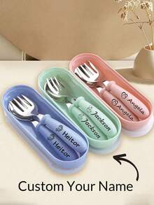 Personalized 3 In 1 Cutlery Set,Personalized Camping Utensil Set With Storage Box, Reusable Spoon Knife Fork, Portable Travel Utensil, Friendly Plastic Box For Travel Picnic Camping Or Daily Use, Great For Students, Travel And Kitchen Use Back To School,For Anniversaries, For Valentine's Day, For Mother's Day, For Birthdays,For Father's Day, For Graduation, For Weddings, For Housewarming Dining Room,Office