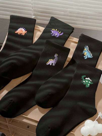 5 Pairs Cartoon Dinosaur Print Kids Socks, Unisex Boys Girls Toddler Socks, Cute Infant Necessities, Back To School Supplies, Children Student Lightweight Casual Sports Running Socks, Halloween Decoration, Thanksgiving Christmas Accessory Gifts