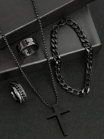 Juego de joyería de 4 piezas/set para hombres de moda hip-hop, que incluye collar de cruz, pulsera y anillo personalizado (talla: 7-12), de material de acero inoxidable, sin decoloración, sin alergias, adecuado para fiestas, vida diaria, citas. La mejor joyería para regalos de vacaciones