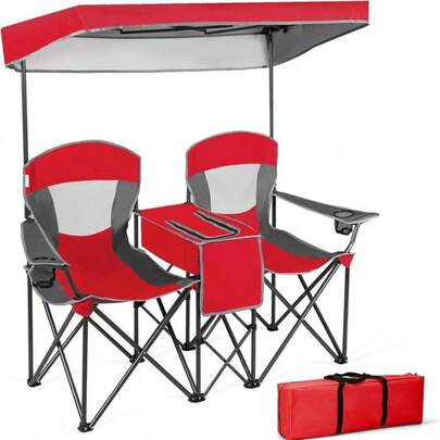 2025-Double Camping Chair, Portable Folding Loveseat Chair With Umbrella And Carry Bag, Outdoor Leisure Lover Chairs For Finishing, Picnic, Travel, Hi