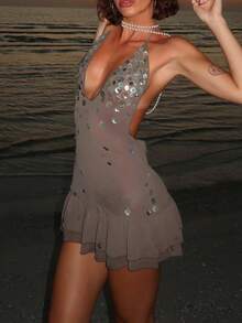 Women's Sequin Halter Neck Mini Dress Sheer Ruffled Hem Flounce Detail Stunning Evening Party Gown  Clubwear - 灰色 - 查看 2