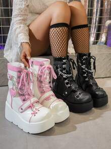 Damskie buty sportowe jesień i zima 2025 w stylu punk z grubym dnem i okrągłym noskiem, zapinane na zamek błyskawiczny z boku, czarne, brzoskwiniowe, serduszko, damskie, wysokiej jakości, lekkie, antypoślizgowe, miękkie i wygodne, podwyższone buty robocze, damskie, poliuretanowe, zintegrowane, smukłe, podwyższone buty, Halloween, studentki muszą podwyższyć smukłe, uniwersalne buty do uprawiania sportów na świeżym powietrzu, buty zimowe, czarne buty na obcasie, czarne buty na obcasie dla kobiet, brązowe buty świąteczne - Czarne - Zobacz 2